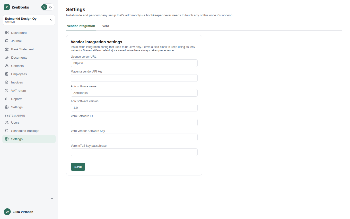Admin - Settings - Vendor integration tab