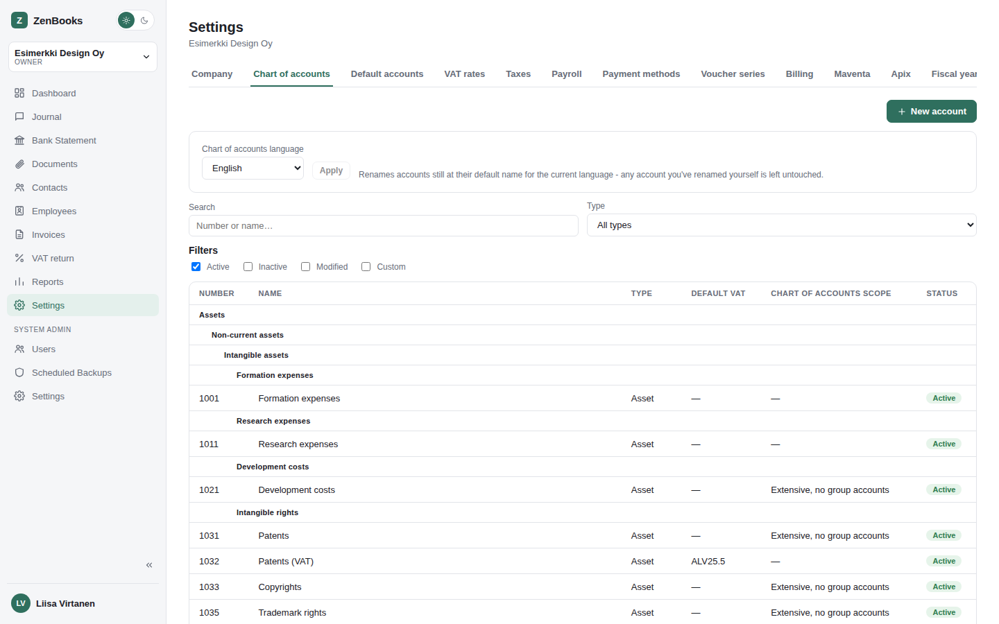 Settings - Chart of accounts tab