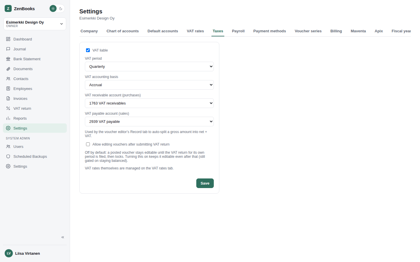 Settings - Taxes tab